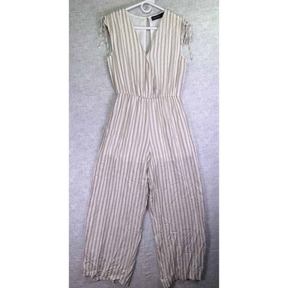 Evelyn Blue Sleeveless Jumpsuit Open Back Vertical Striped Taupe Wide Leg Size M